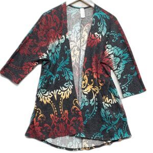 Lilypad Women Sz L Duster Cardigan Open Front Colorful Floral Design 3/4 Sleeve
